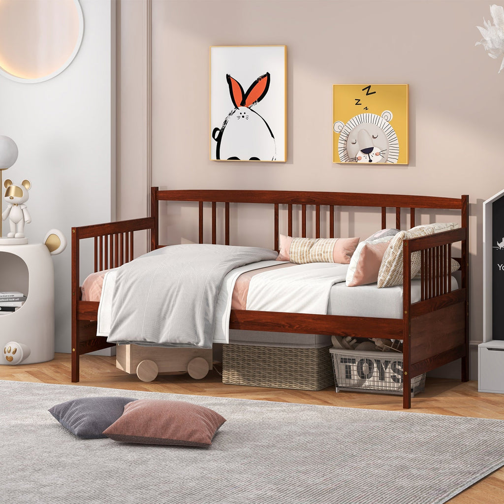 Twin Size Wooden Slats Daybed Bed with Rails-Cherry