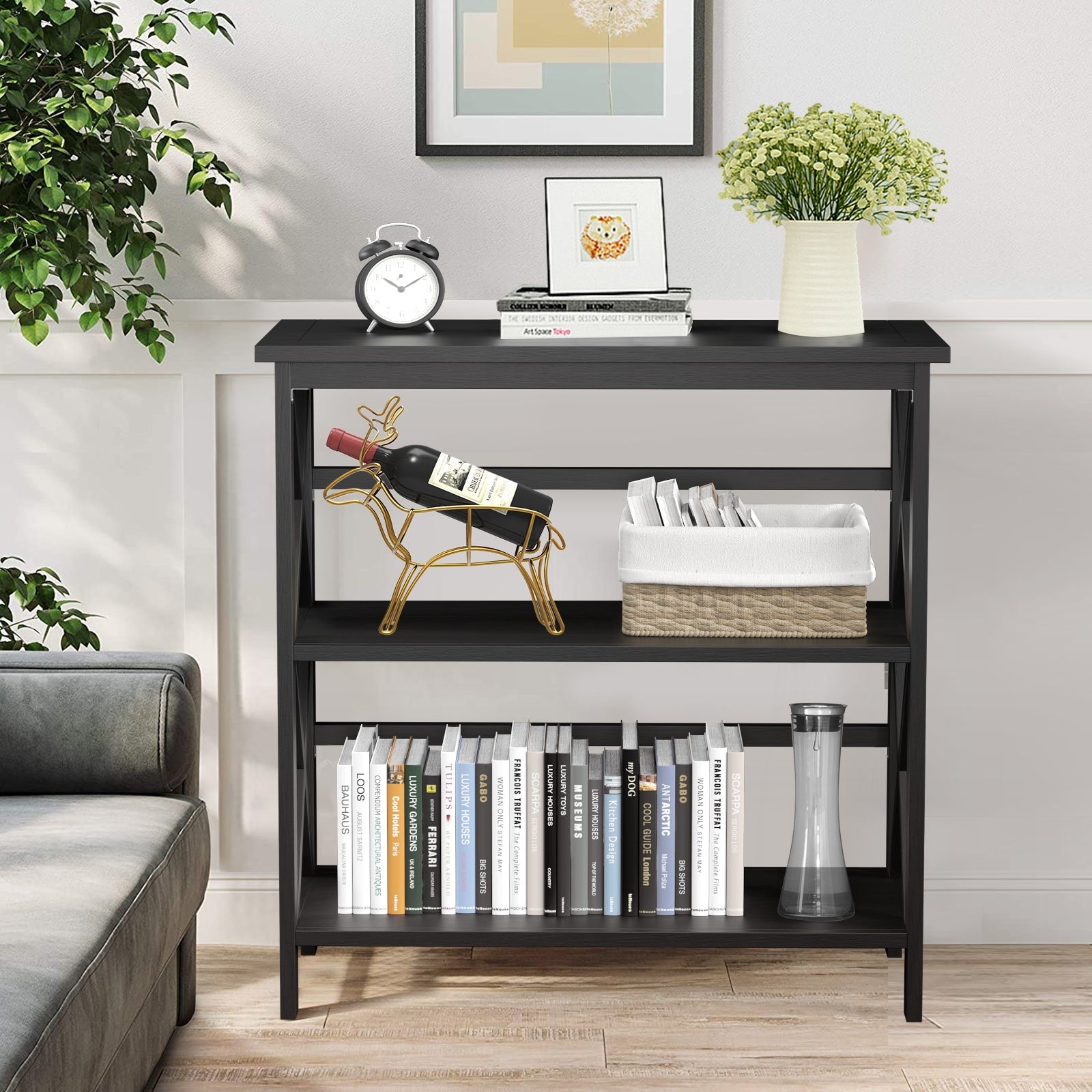 3-Tier Wooden Multi-Functional X-Design Etagere Storage Bookshelf-Black