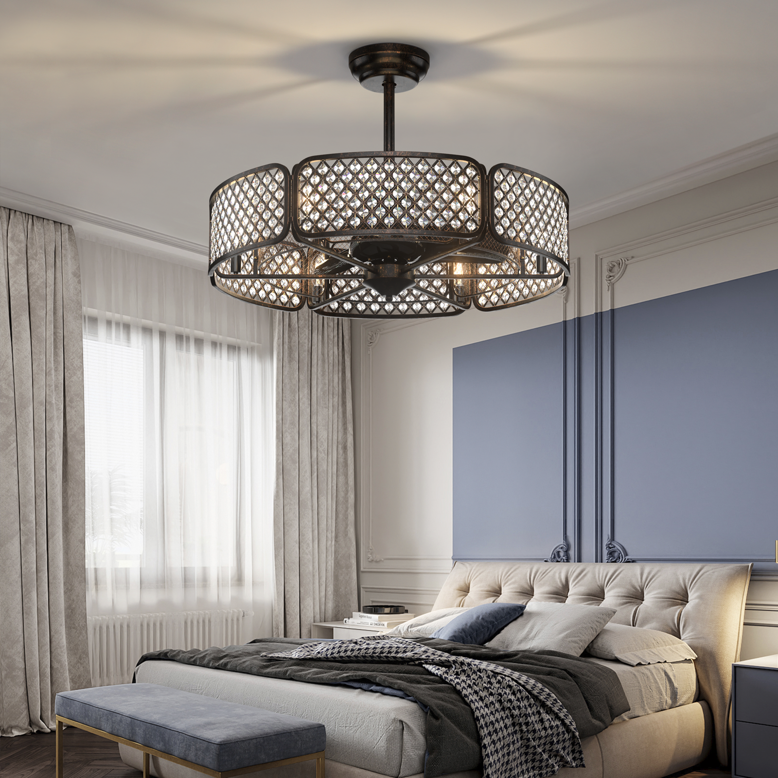 30 Inch Caged Ceiling Fan With Light Crystal Lampshade 6 Light Bases-Brown