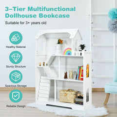 Kids Wooden Dollhouse Bookshelf with Anti-Tip Design and Storage Space