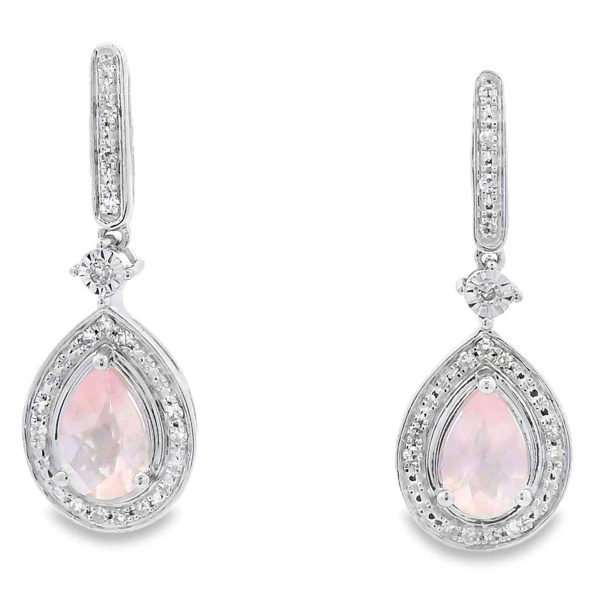 Rose Quartz Diamond Dangle Earrings 10KT White Gold