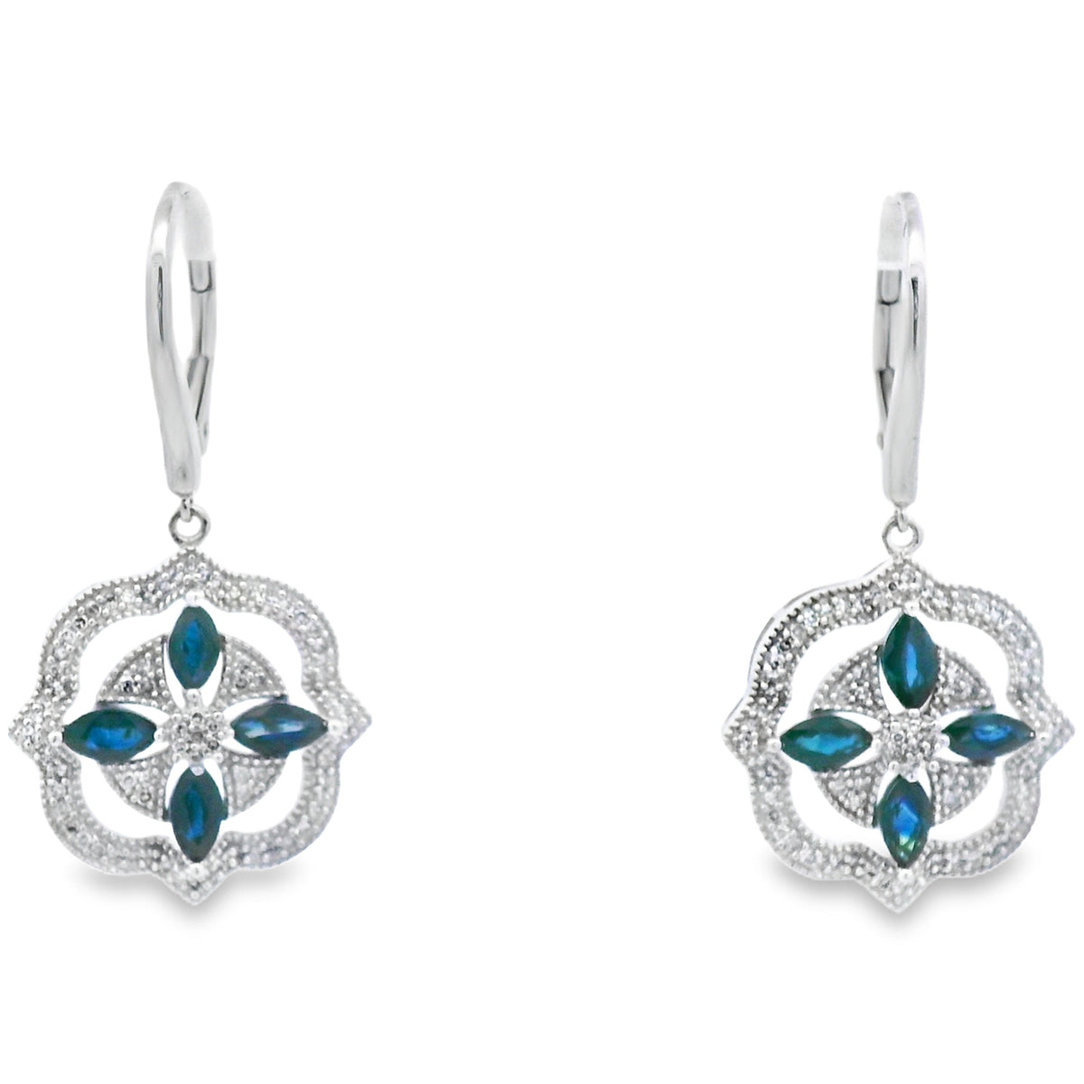 2.04ct Sapphire Diamond Dangle Earrings 14KT White Gold