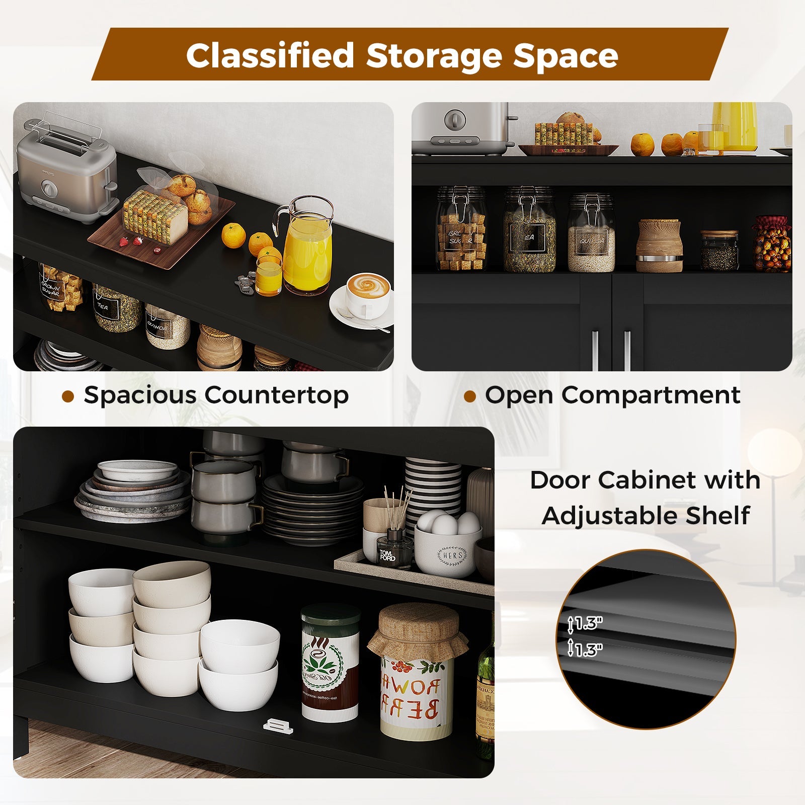Kitchen Buffet Server Sideboard Storage Cabinet with 2 Doors and Shelf-Black