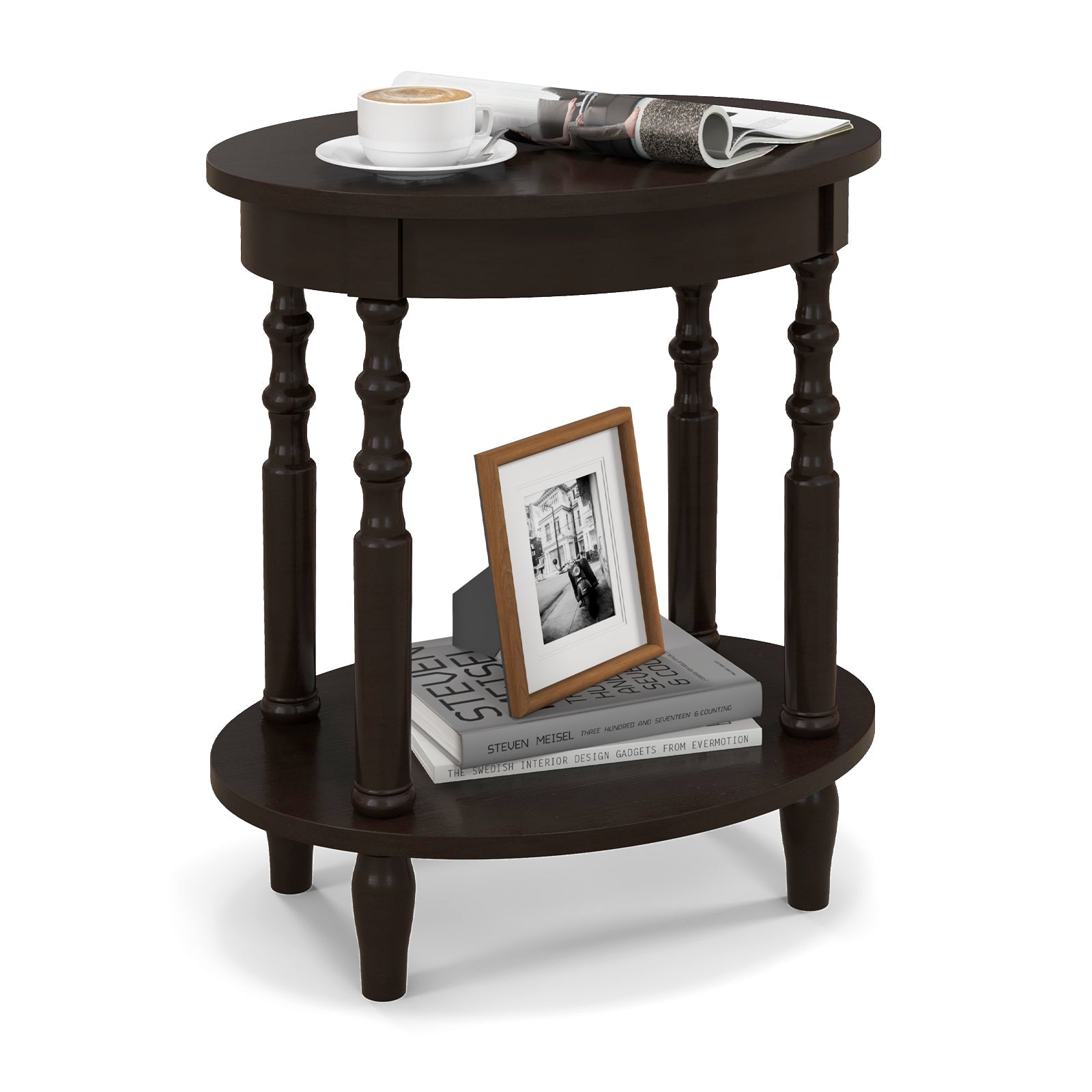 Oval Side Table with Storage Shelf and Wood Legs