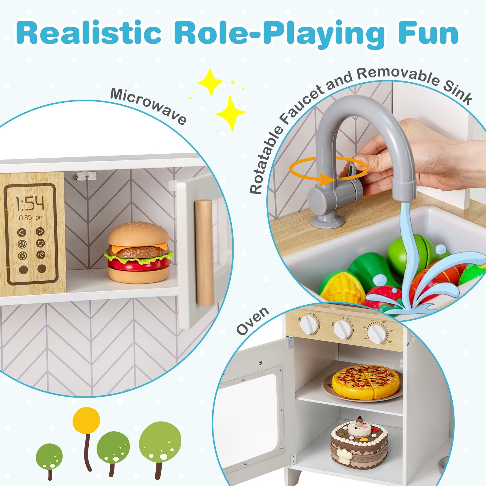 Kids Kitchen Playset with Lights Sounds Microwave Stoves Sink Oven and Cooking Accessories-White