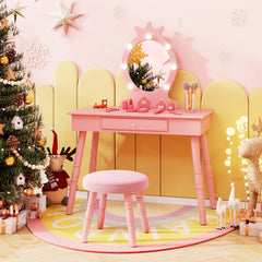 Kids Vanity Set with Lighted Mirror with Adjustable Brightness and Large Drawer-Pink