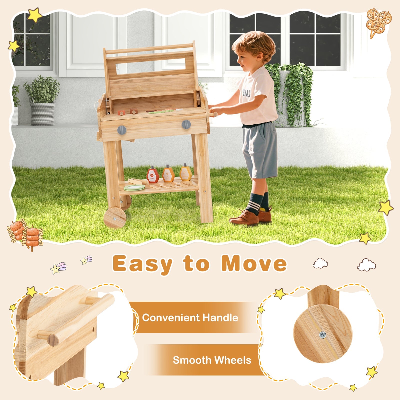 Kids Wooden Barbecue Grill Playset Pretend Kitchen with Food and Wheels-Natural