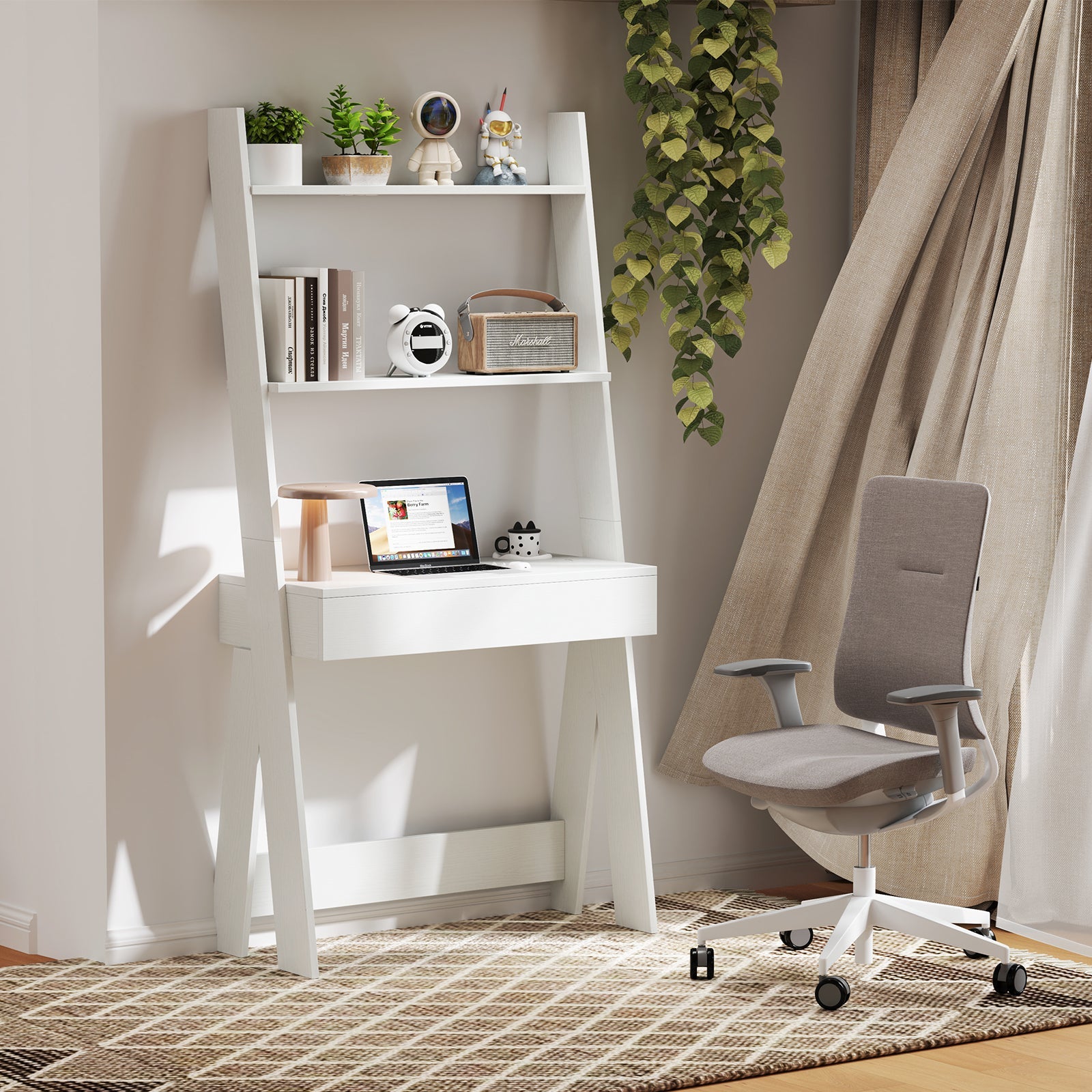 Ladder Shelf Desk with Countertop Drawer and Anti-Toppling Device-Oak