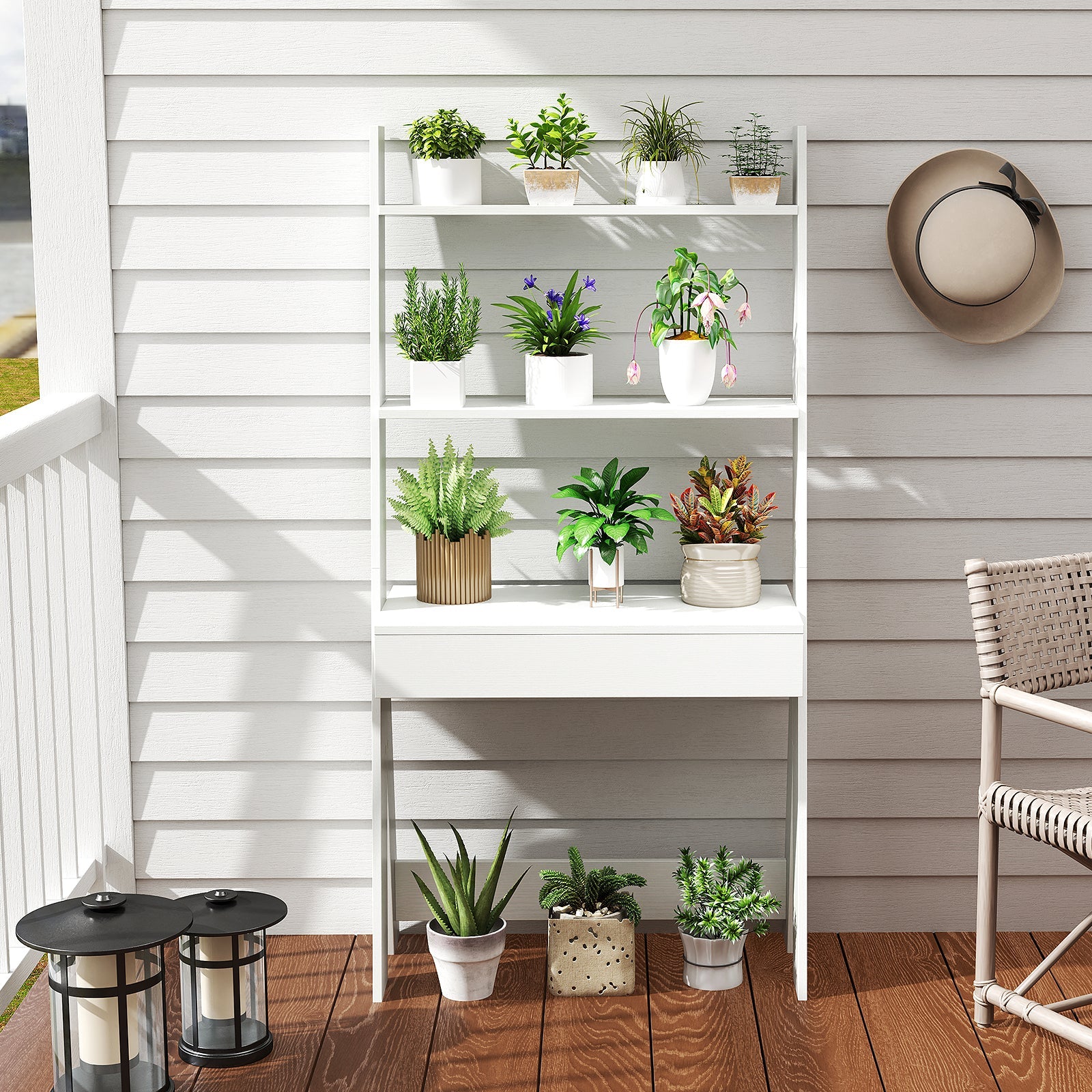 Ladder Shelf Desk with Countertop Drawer and Anti-Toppling Device-Oak