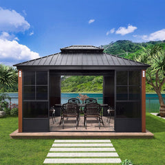 [12X14FT] Large Heavy-Duty Outdoor Aluminum Patio Hard Double Steel Top Backyard Sun Room Gazebo (94625371)