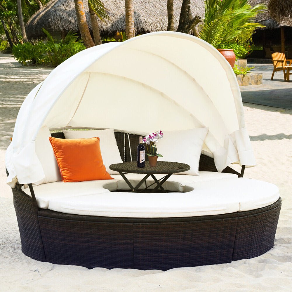 Alora Large Outdoor Patio Rattan Daybed Sofa W/ Adjustable Table Top, Canopy & 3 Pillows, 76" (SAK91254)