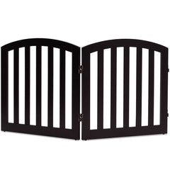 24 Inch 2 Panel Configurable Folding Free Standing Wooden Pet Safety Fence with Arched Top-Brown