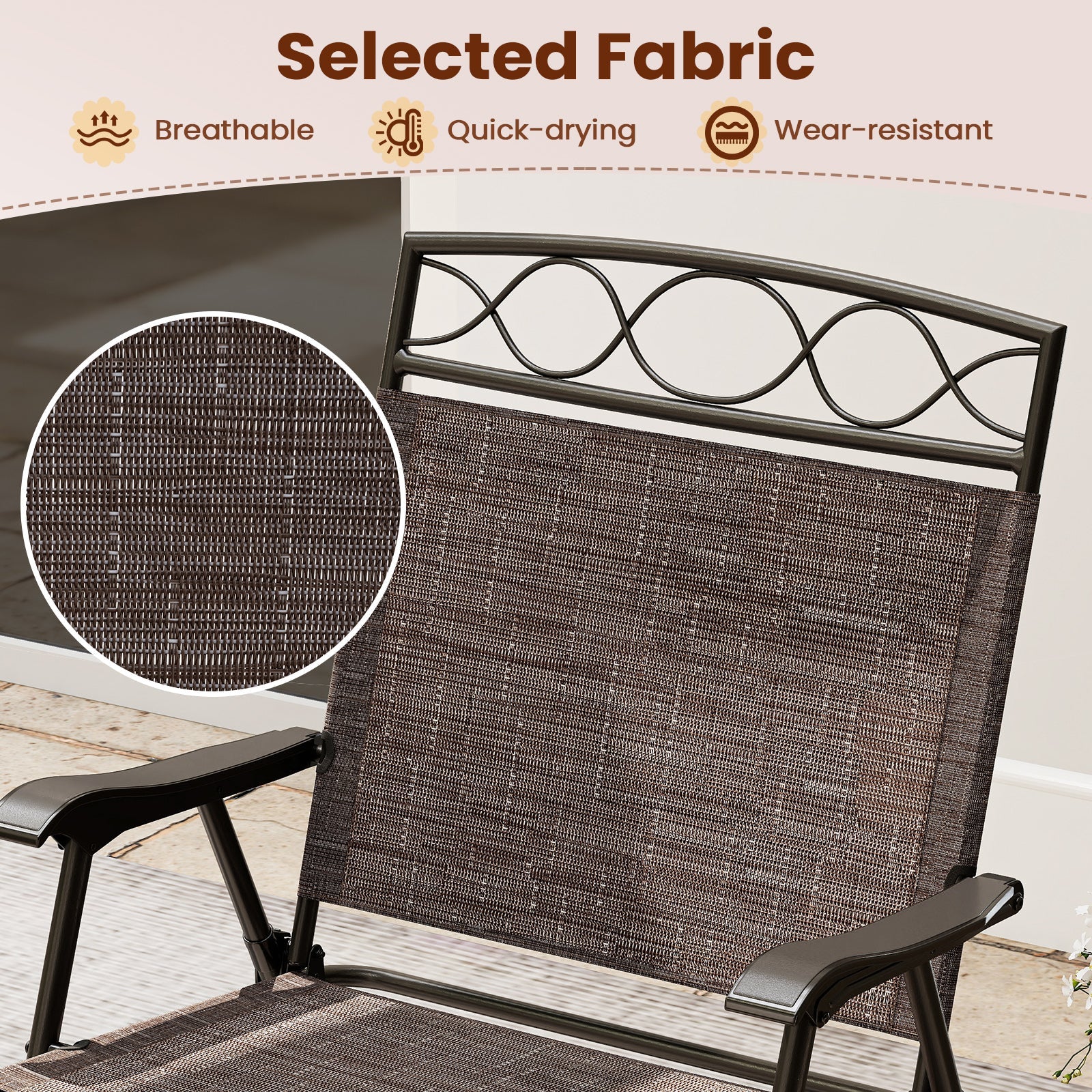 Set of 4 Patio Folding Chairs Set Dining Chairs with Armrests-Brown
