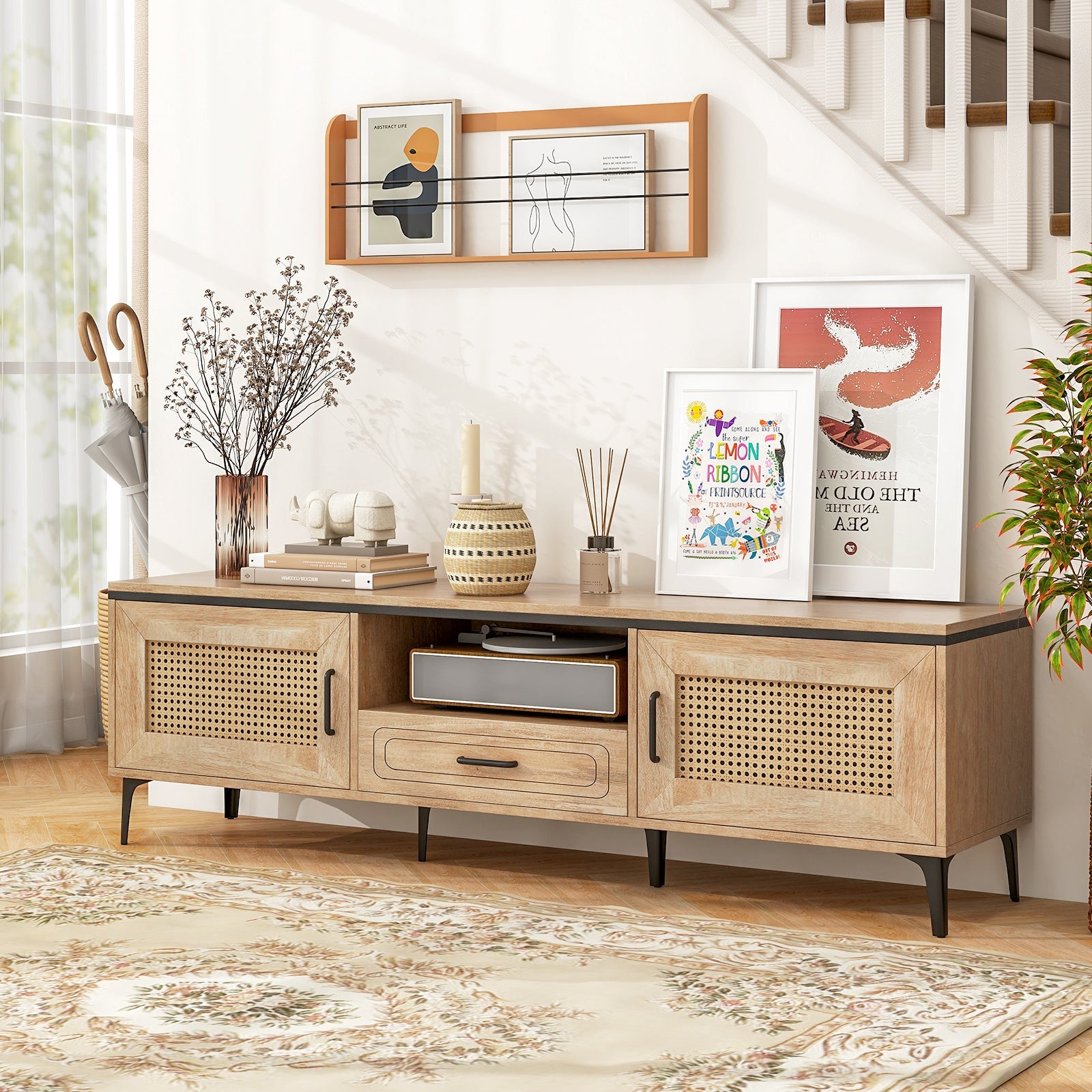 Mid Century Modern Entertainment Center with 2 Cabinets and Storage Drawer-Oak