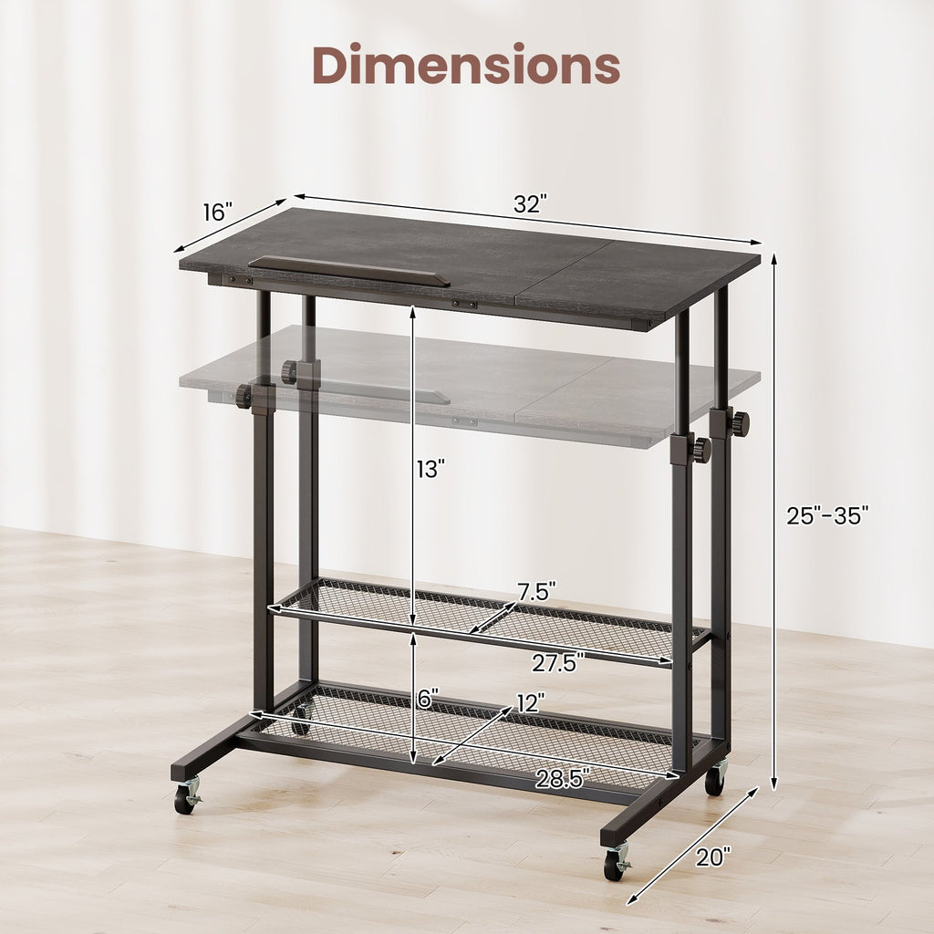 Mobile Stand up Desk Height Adjustable Standing Table with Tilting Tabletop-Oak
