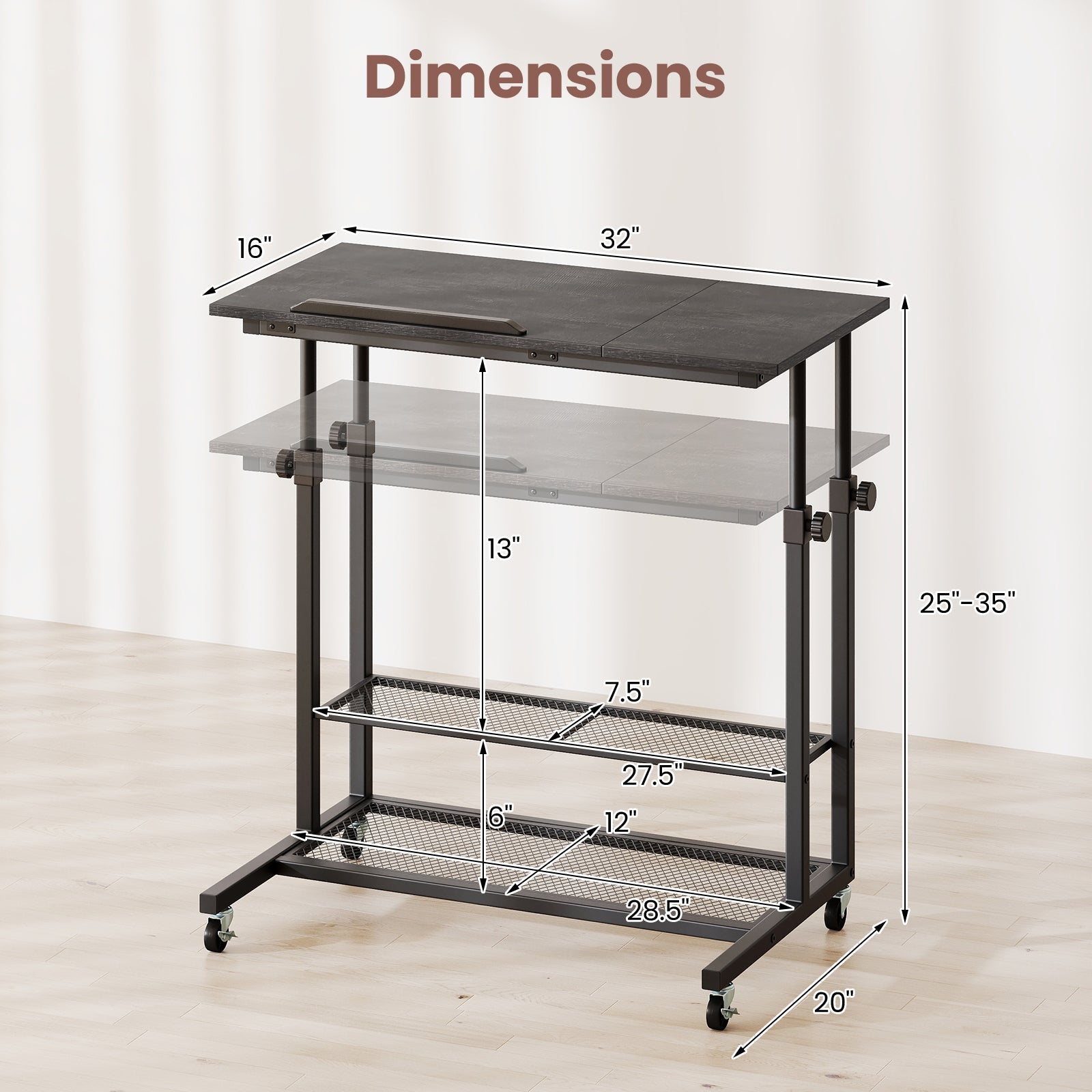 Mobile Stand up Desk Height Adjustable Standing Table with Tilting Tabletop-Oak