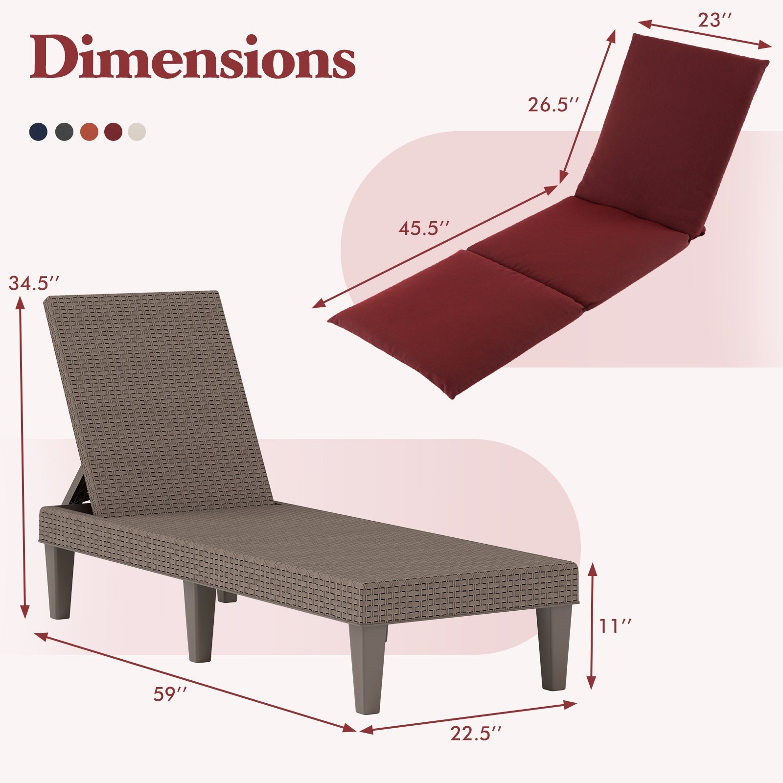 Patio Lounge Outdoor Recliner Chair with Cushion 3-Position Adjustable Backrest-Red