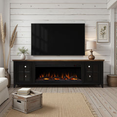 Nuvia 83-Inch Bourbon Black TV Stand With Fireplace And Glass Windowpane Doors (SAK40281)