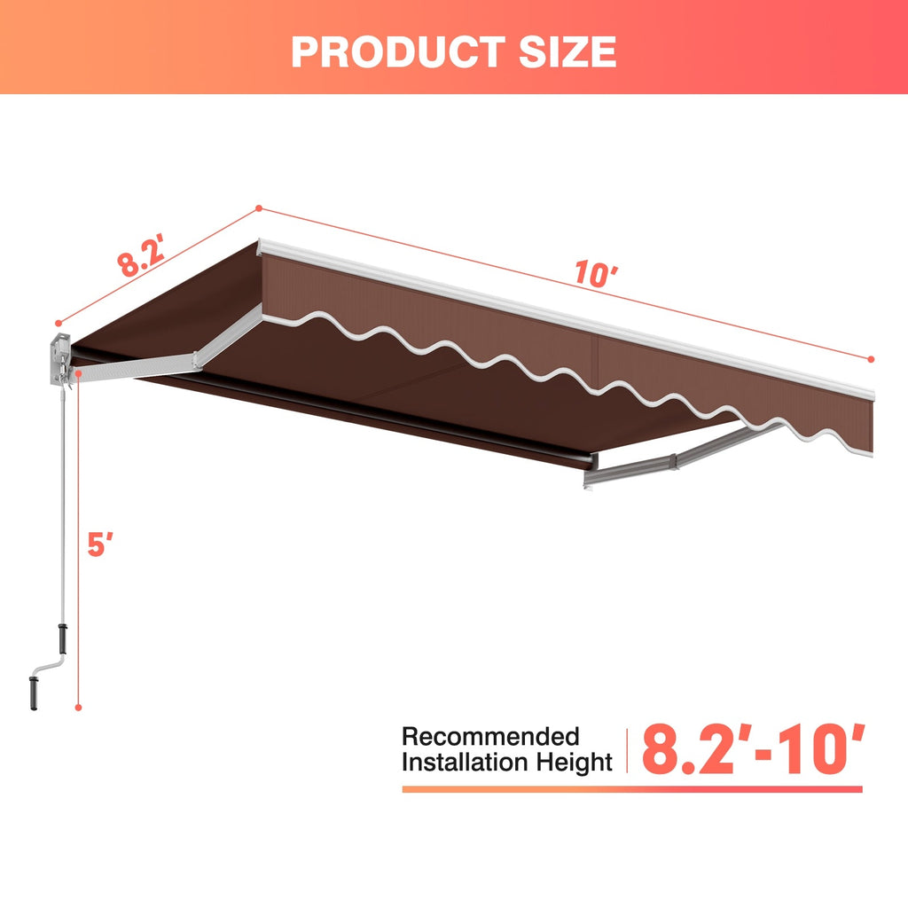 10 x 8.2 Feet Retractable Awning with Easy Opening Manual Crank Handle-Brown