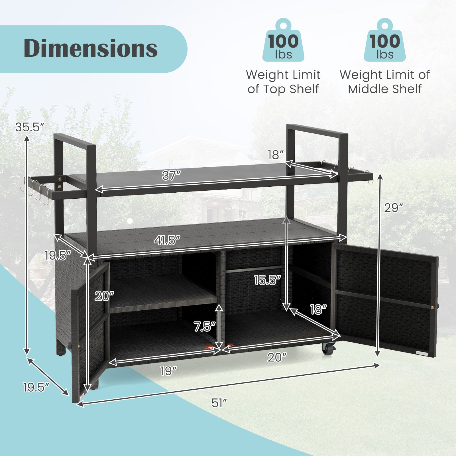 Outdoor Bar Cart Wicker Buffet Serving Cart with Cabinet and 8 Hooks-Black