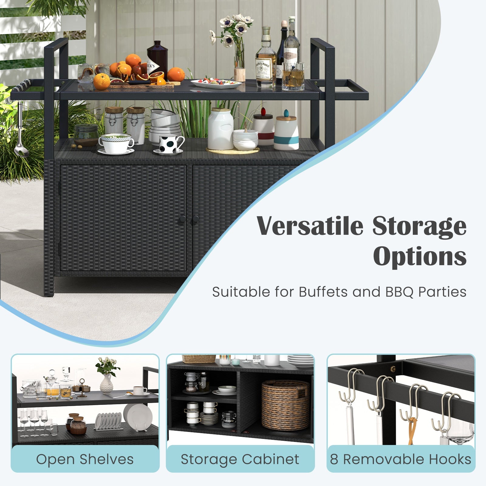 Outdoor Bar Cart Wicker Buffet Serving Cart with Cabinet and 8 Hooks-Black