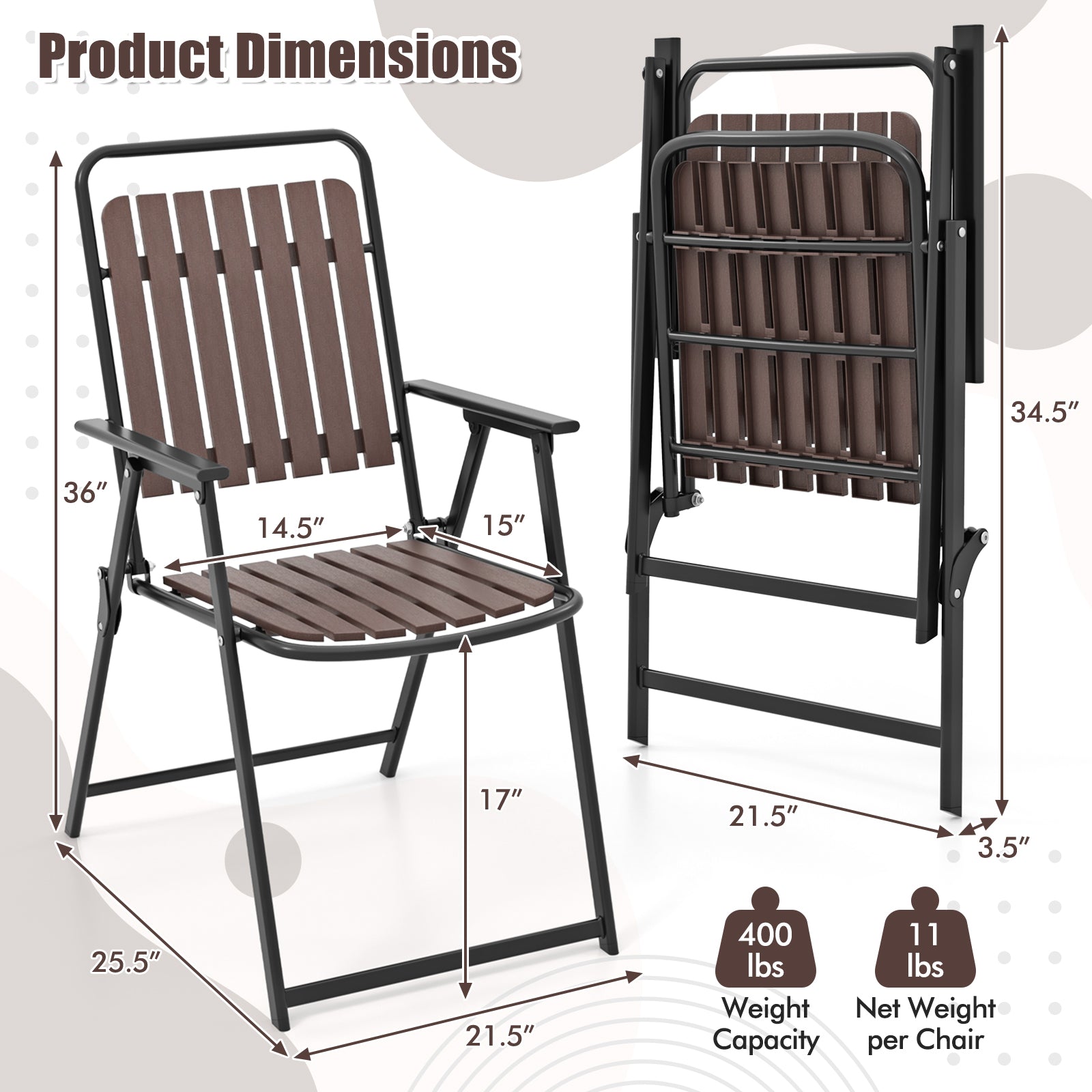Folding Patio Dining Chairs Set of 4 - Heavy-Duty Metal Frame