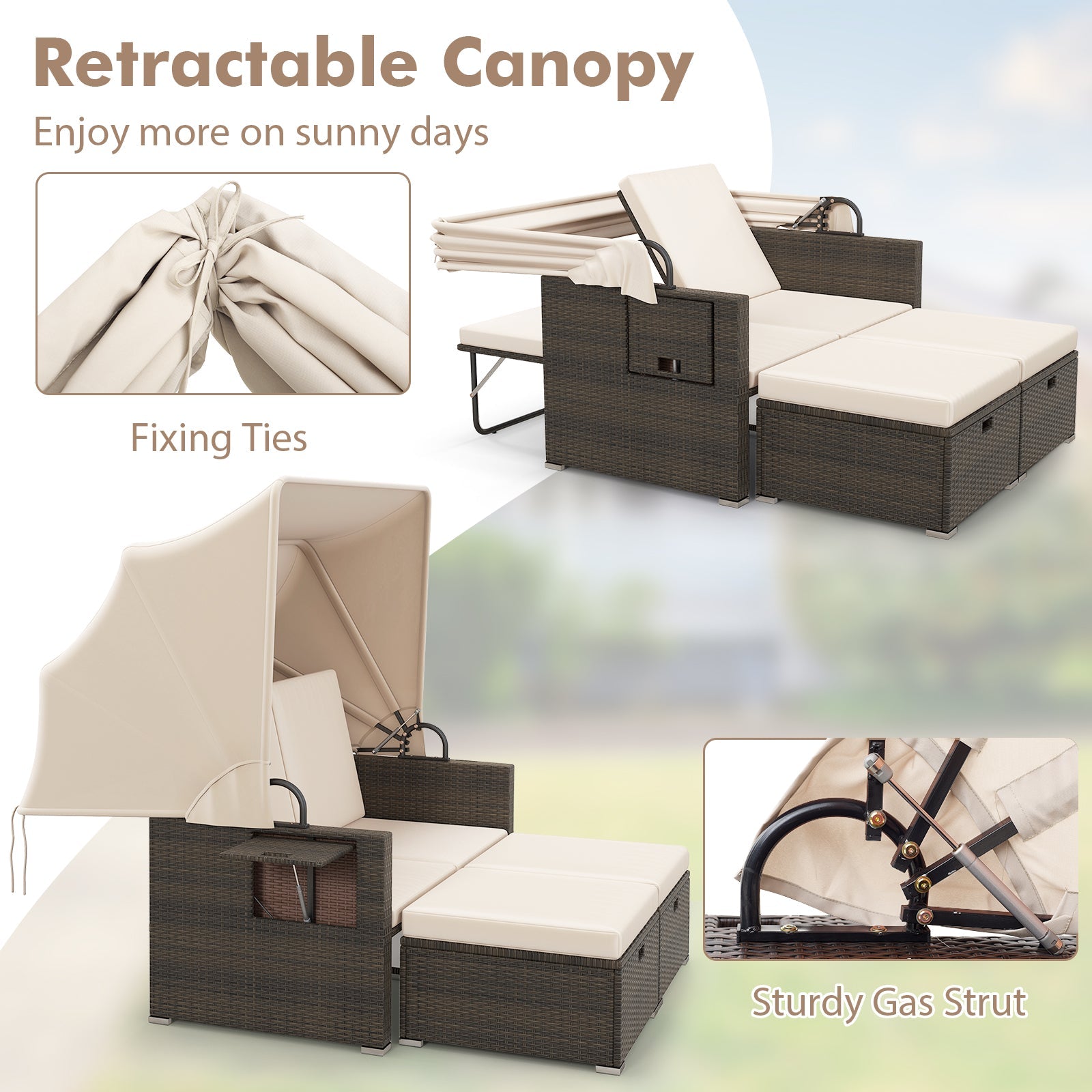 Outdoor Patio Rattan Daybed with Retractable Canopy and Adjustable Backrests-Beige