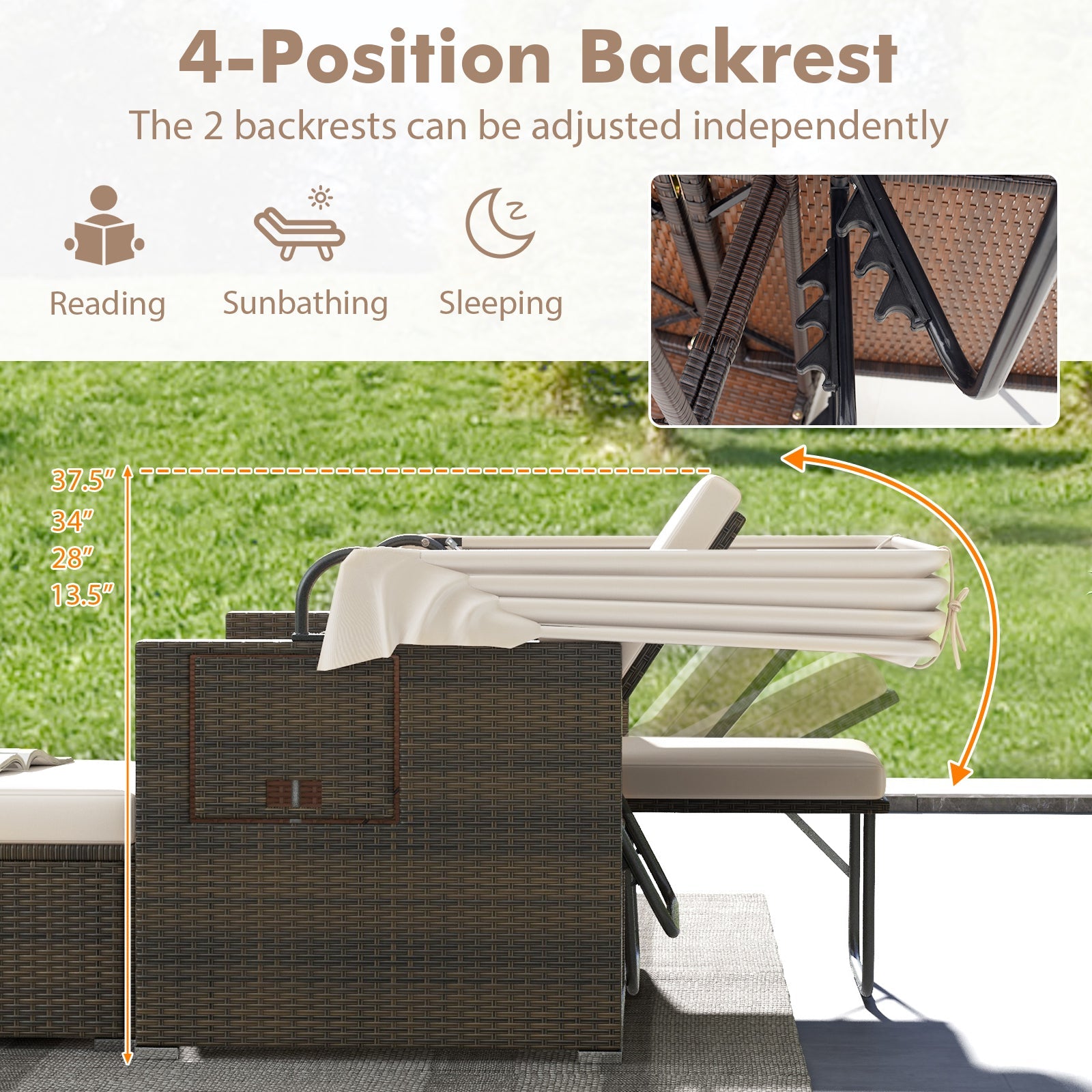 Outdoor Patio Rattan Daybed with Retractable Canopy and Adjustable Backrests-Beige