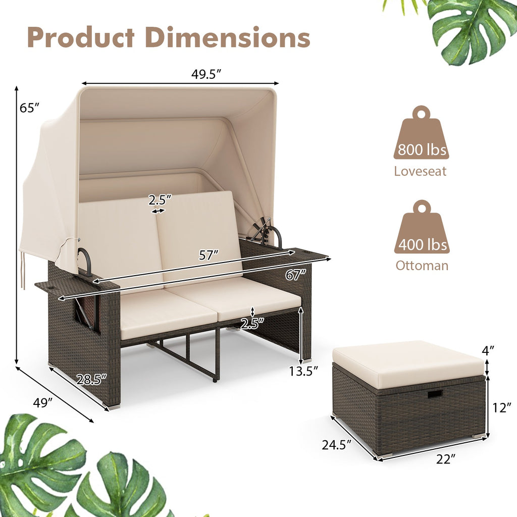 Outdoor Patio Rattan Daybed with Retractable Canopy and Adjustable Backrests-Beige