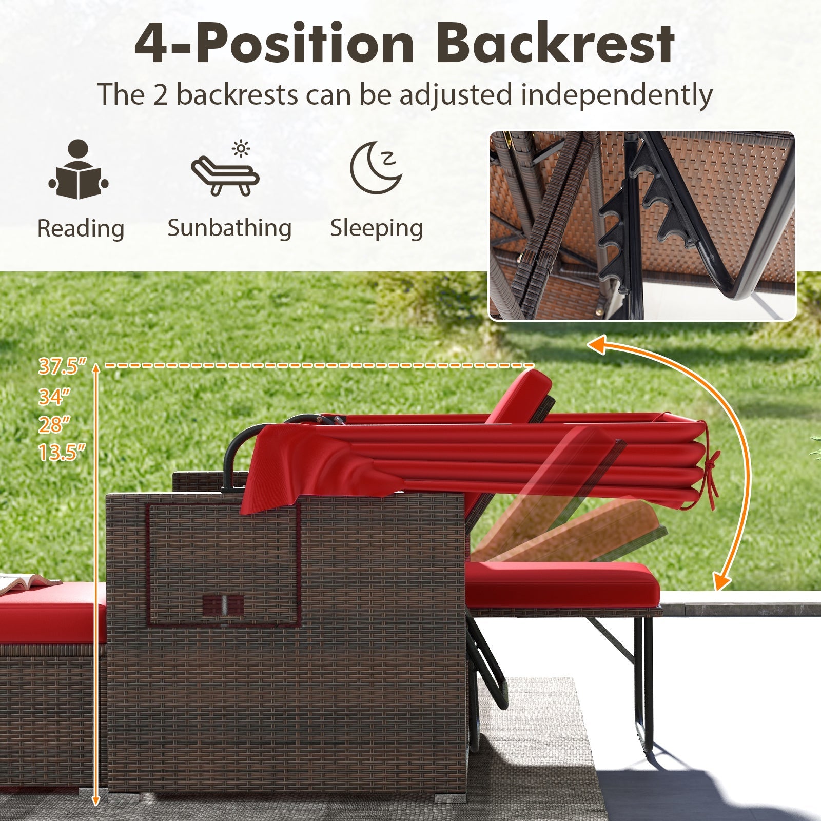Outdoor Patio Rattan Daybed with Retractable Canopy and Adjustable Backrests-Red