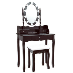 Oval Mirror Vanity Set  with 10 LED Dimmable Bulbs and 3 Drawers-Brown