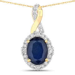 1.72 Carat Genuine Blue Sapphire and White Diamond 14K Yellow Gold Pendant
