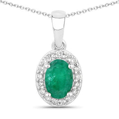 0.89 Carat Genuine Zambian Emerald and Lab Grown Diamond .925 Sterling Silver Pendant