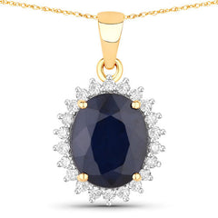 4.63 Carat Genuine Blue Sapphire and White Diamond 14K Yellow Gold Pendant