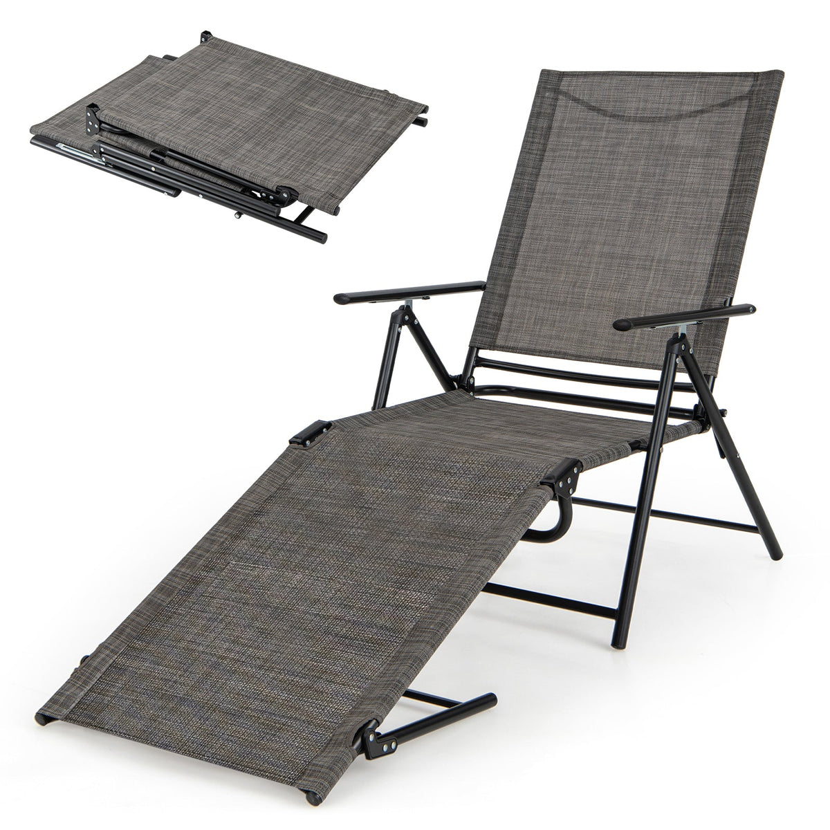 Patio Folding Chaise Lounge Chairs Recliner with 6-Level Backrest-Brown