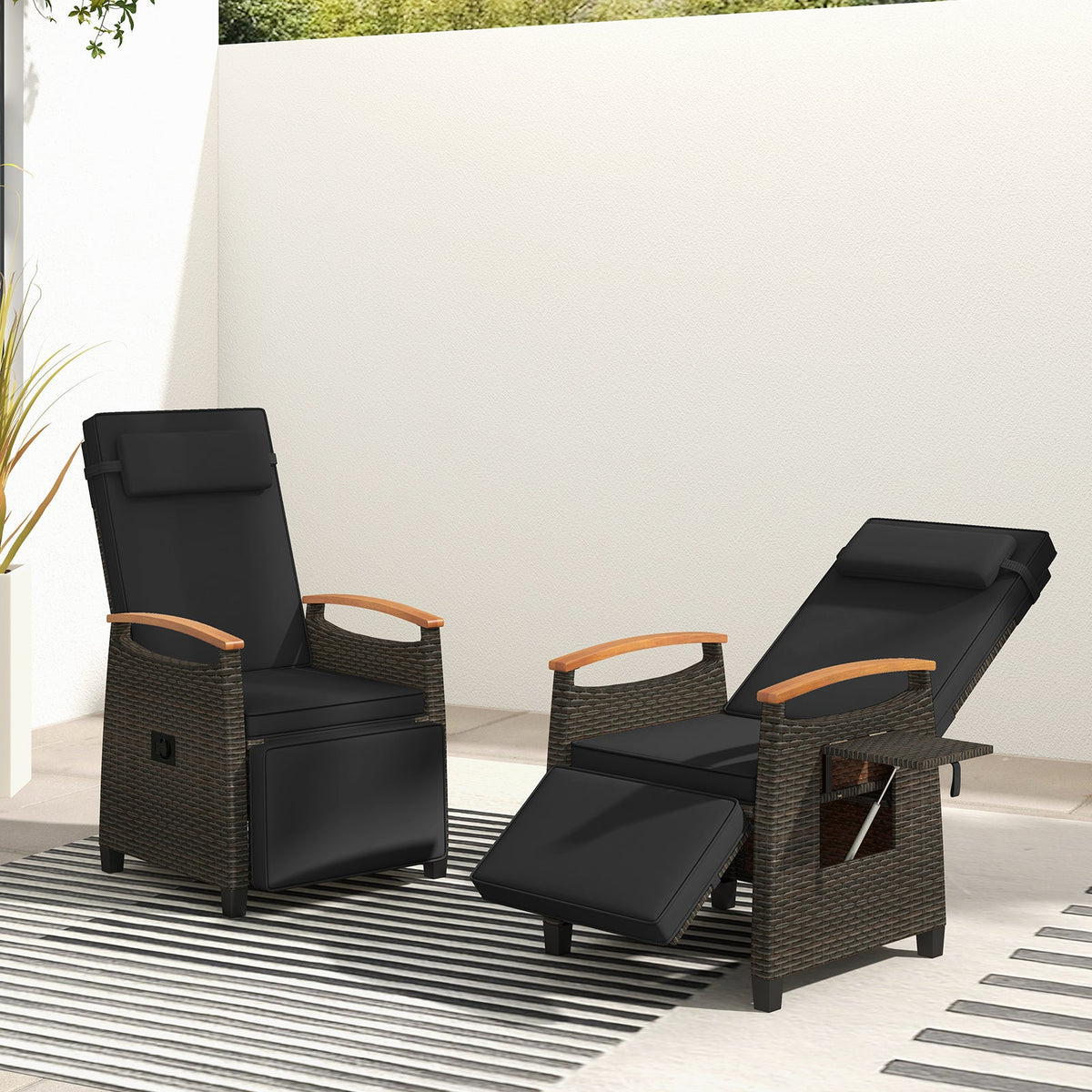 Patio Wicker Recliner Chair with Adjustable Backrest and Footrest-Black