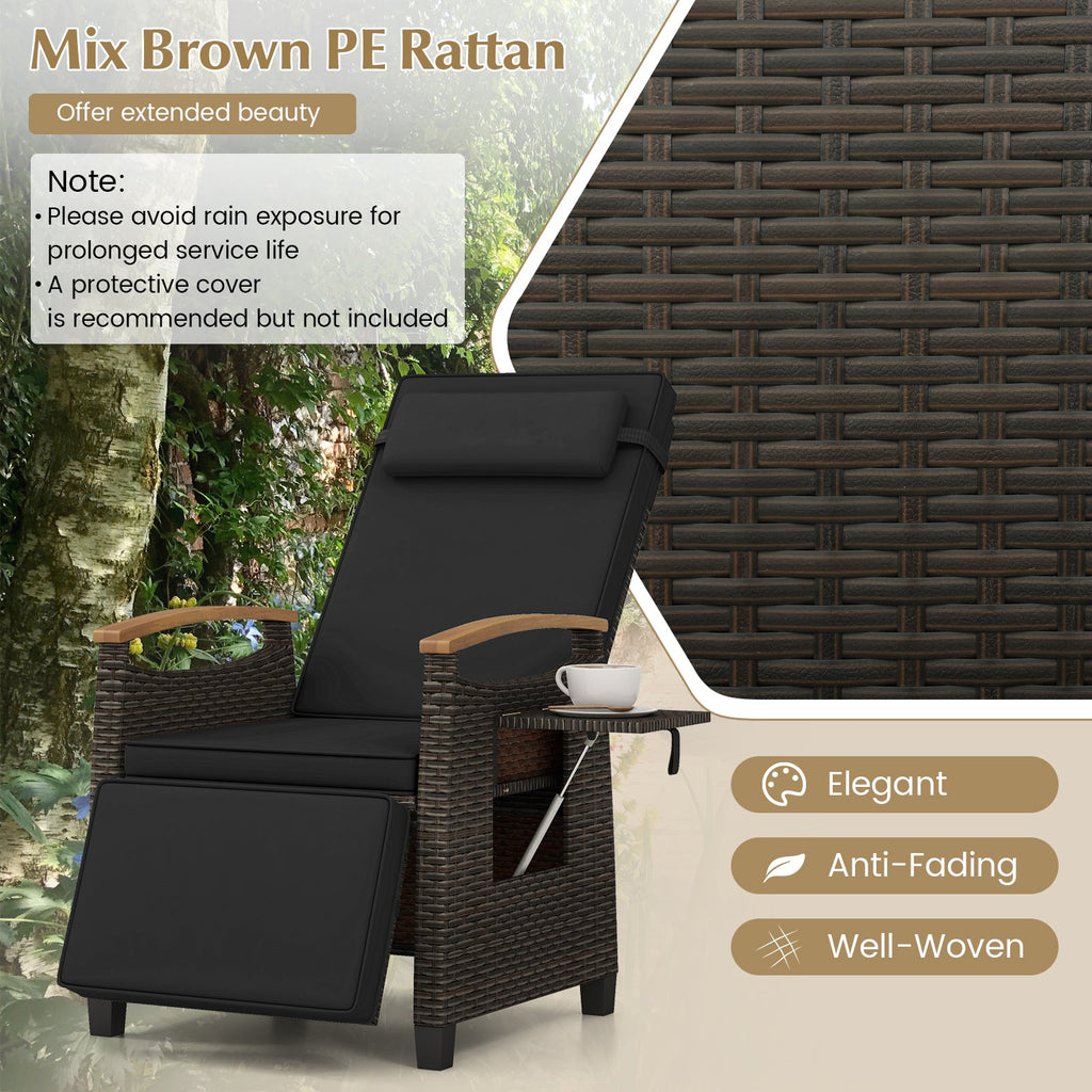 Patio Wicker Recliner Chair with Adjustable Backrest and Footrest-Black