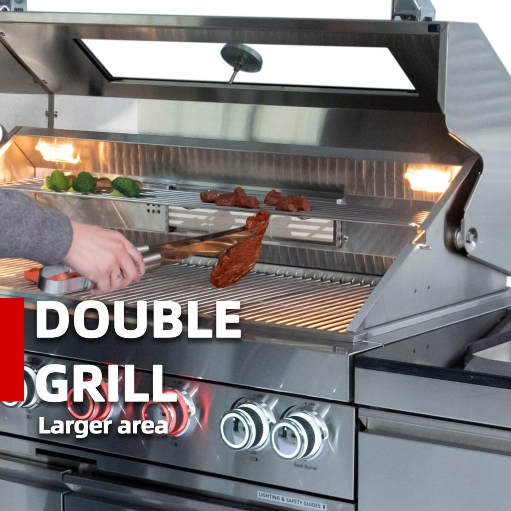 Castelle Flame Outdoor BBQ Kitchen Island With 43-Inch 6-Burner 85K BTU Propane Gas Grill, Rotisserie Kit, And Storage Cabinets (SAK95623)