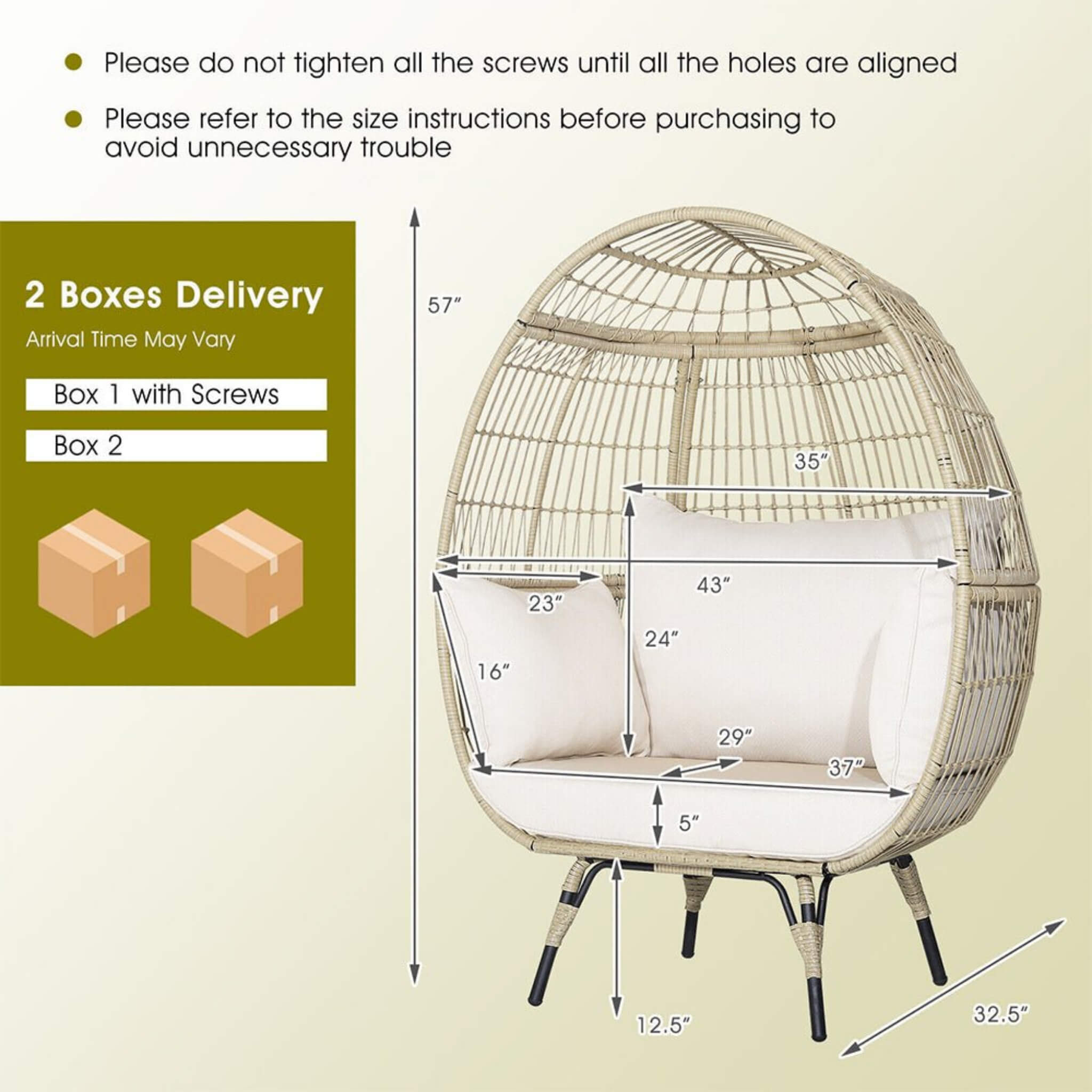 Premium Oversized Rattan Patio Egg Lounge Chair Basket With Cushions, 57" (SAK91684)