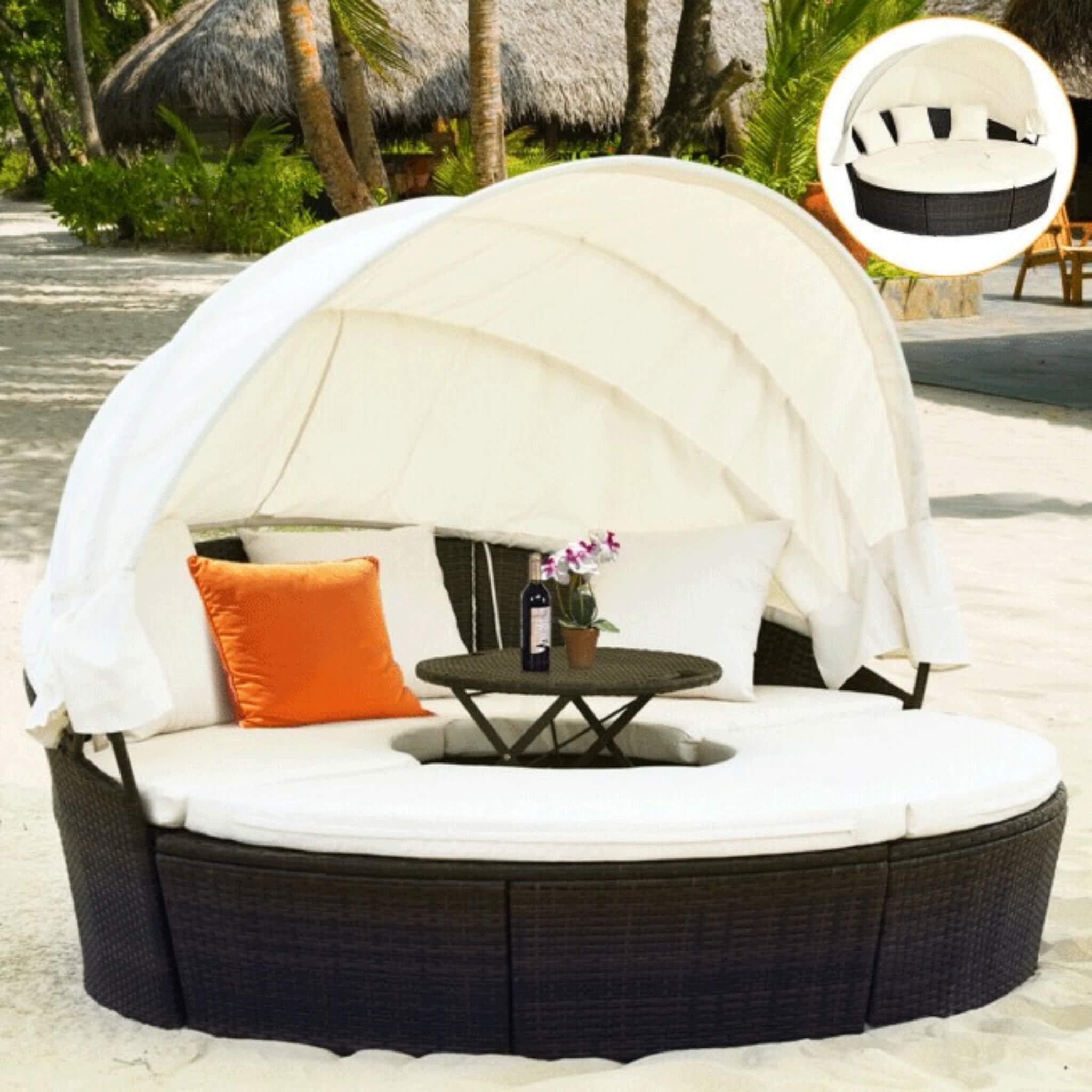 Premium Round Outdoor Patio Rattan Daybed W/ Canopy & Table, 76" (SAK96418)