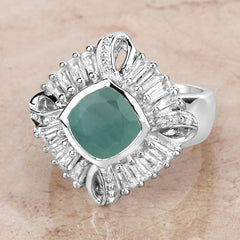 "2.57 Carat Genuine Emerald, White Topaz and White Diamond .925 Sterling Silver Ring