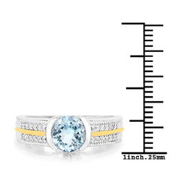 1.37 Carat Genuine Aquamarine and White Diamond 14K Yellow Gold with .925 Sterling Silver Ring