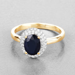 1.84 Carat Genuine Blue Sapphire and White Diamond 14K Yellow Gold Ring