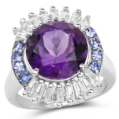 5.24 Carat Genuine Amethyst, Tanzanite & White Topaz .925 Sterling Silver Ring