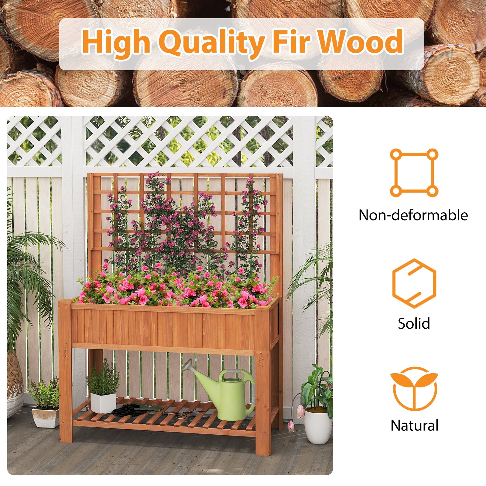 Raised Garden Bed with Trellis Wooden Elevated Planter Box with Legs-Orange