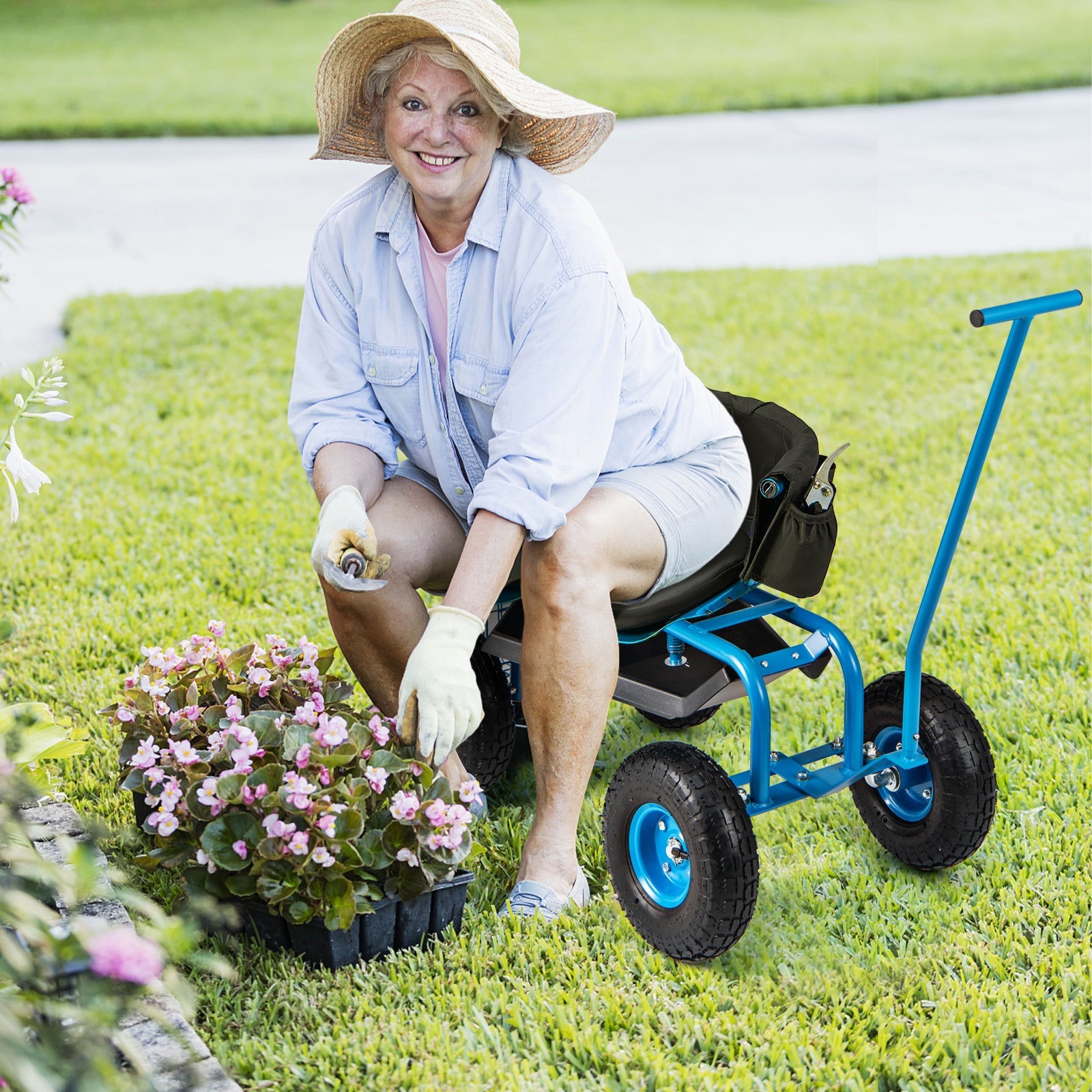 Rolling Garden Cart with Height Adjustable Swivel Seat and Storage Basket-Blue