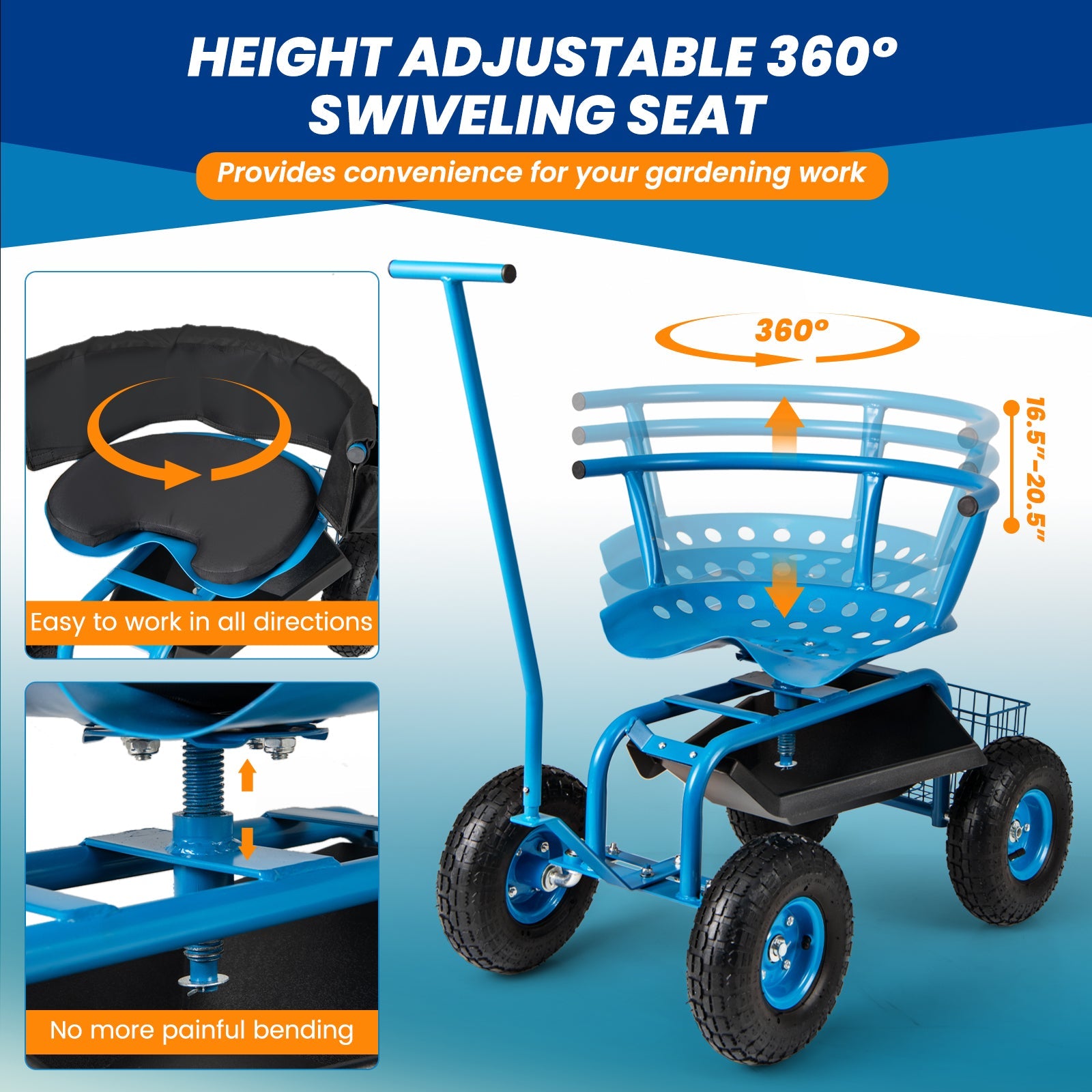 Rolling Garden Cart with Height Adjustable Swivel Seat and Storage Basket-Blue