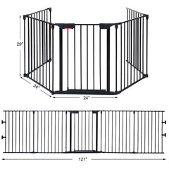 115 Inch Length 5 Panel Adjustable Wide Fireplace Fence-Black
