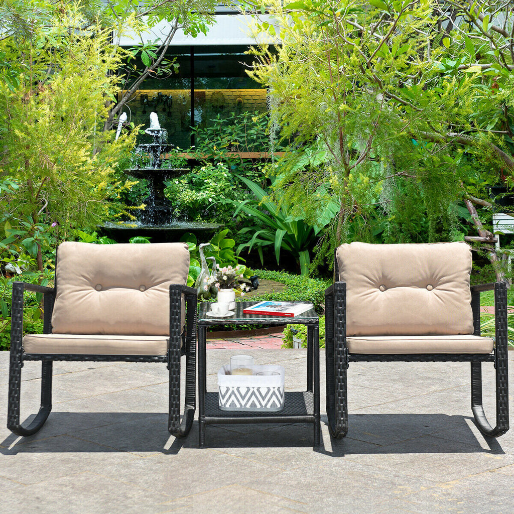 3 Pcs Wicker Rocking Bistro Set with Glass Coffee Table and Storage Shelf-Beige