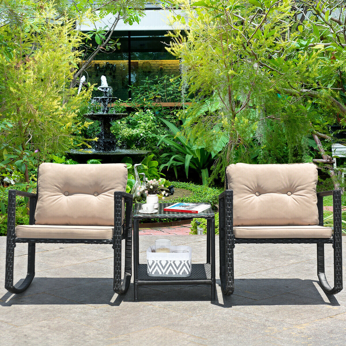 3 Pcs Wicker Rocking Bistro Set with Glass Coffee Table and Storage Shelf-Beige